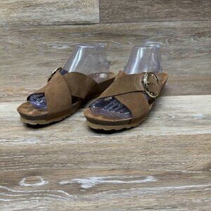 Yokono Tan Suede Cross Strap Sandals Cork Soles Made In Spain Women 8